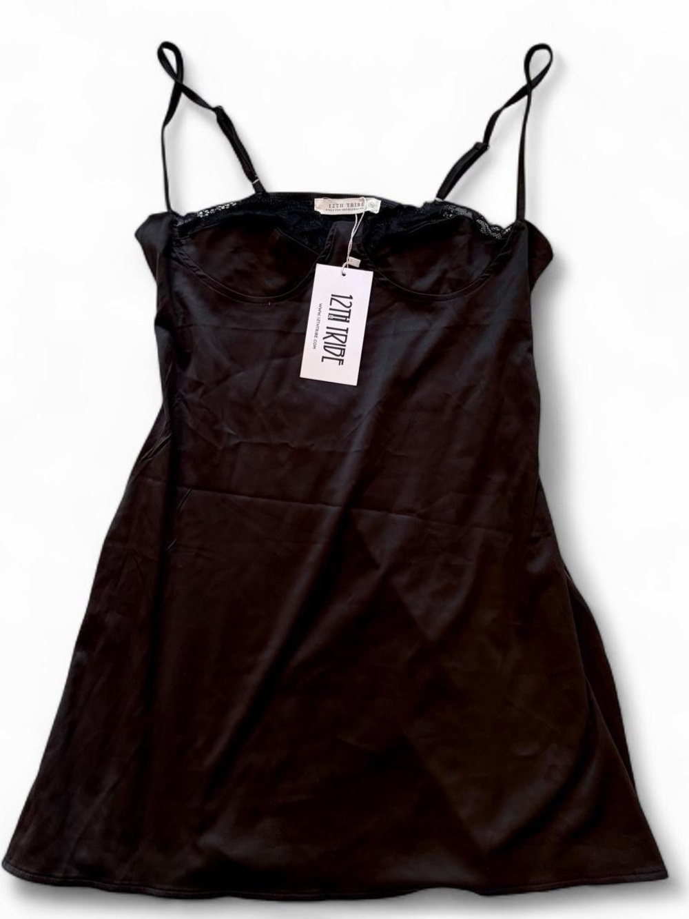 12th Tribe Black Satin Slip with Lace Trim
